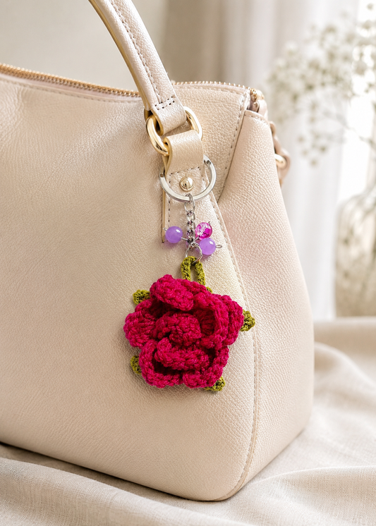 Red Rose Handmade Crochet Keychain