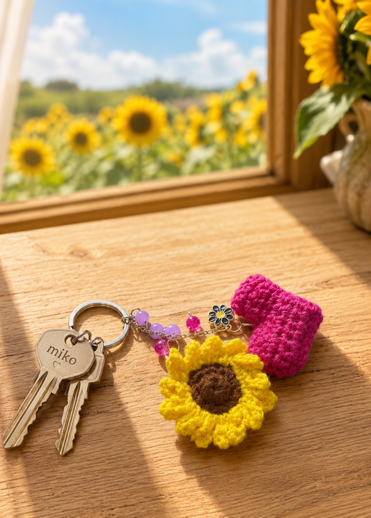Heart-Sunflower Handmade Crochet Keychain